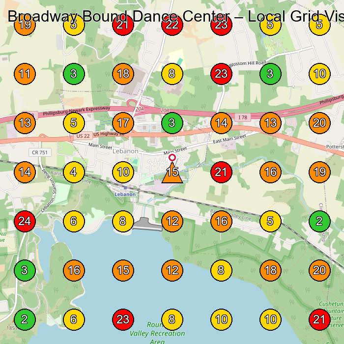 Broadway Bound Dance Center Dance School GeoGrid ranking map for Lebanon NJ